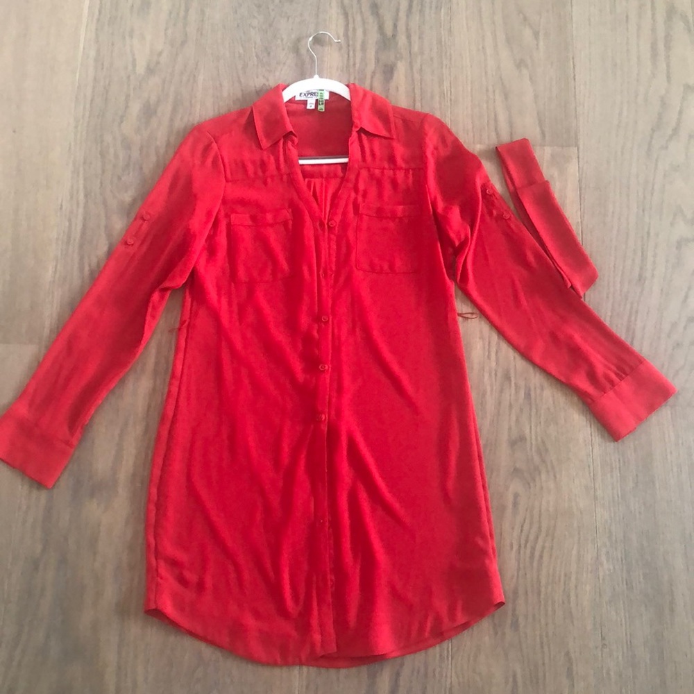 Express button front tie waist shirt dress